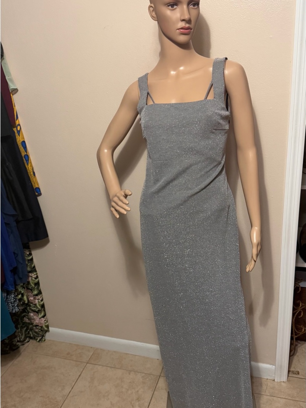 Reggio Silver Sparkle Square-Neck Maxi Dress